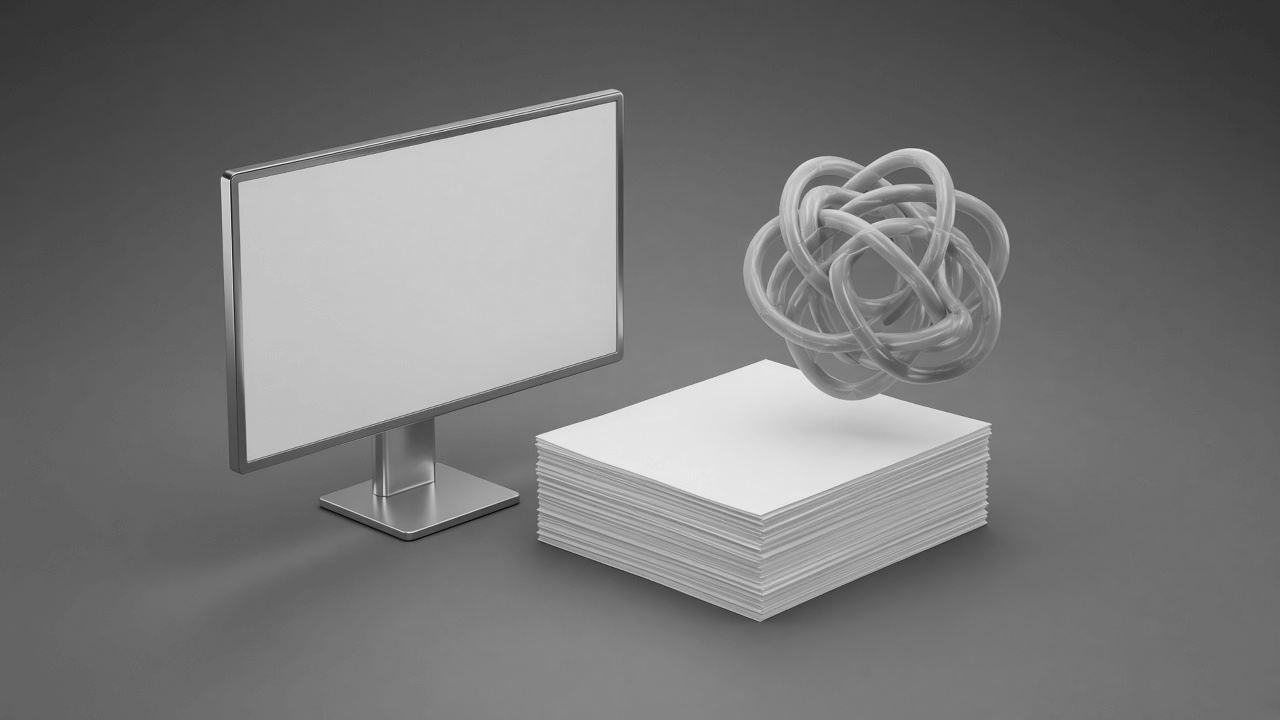 3D: стопка бумаг и монитор без текста, обзор модели, светлый фон
