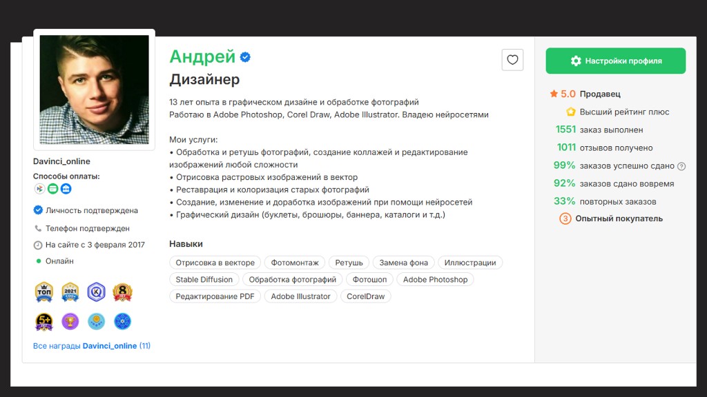 Профиль Davinci_online на Kwork — рейтинг, отзывы и статистика заказов