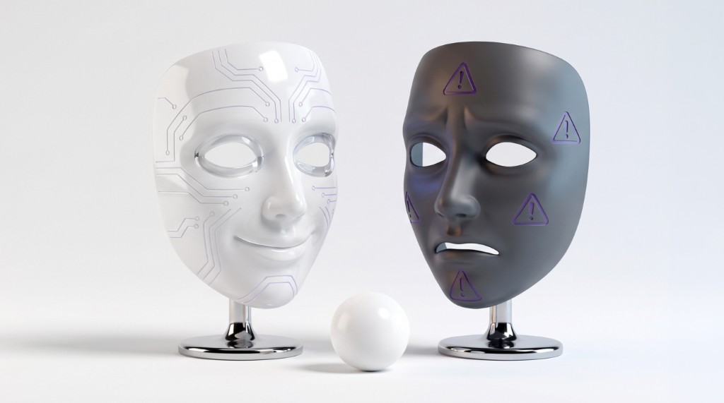 Две 3D-маски — светлая с нейросхемами и тёмная с предупреждениями: нейросети на фрилансе