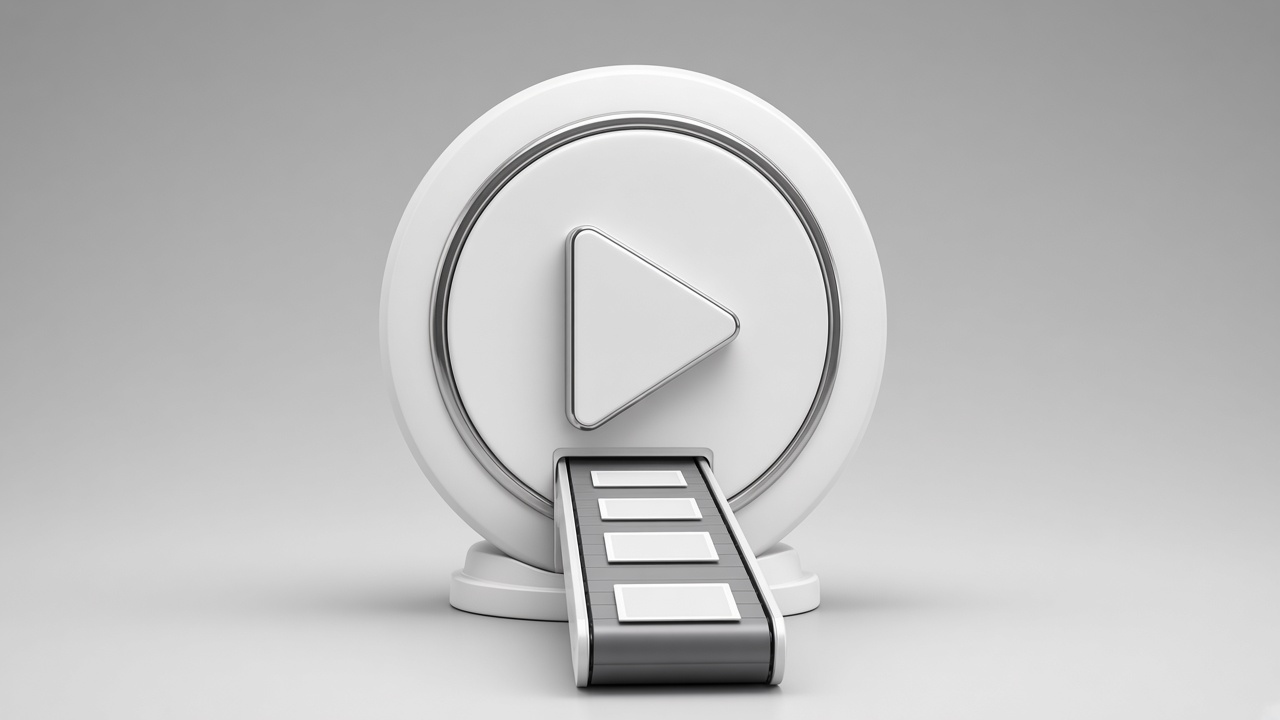 3D обложка: белая кнопка PLAY и стопка снимков на конвейере, серый фон