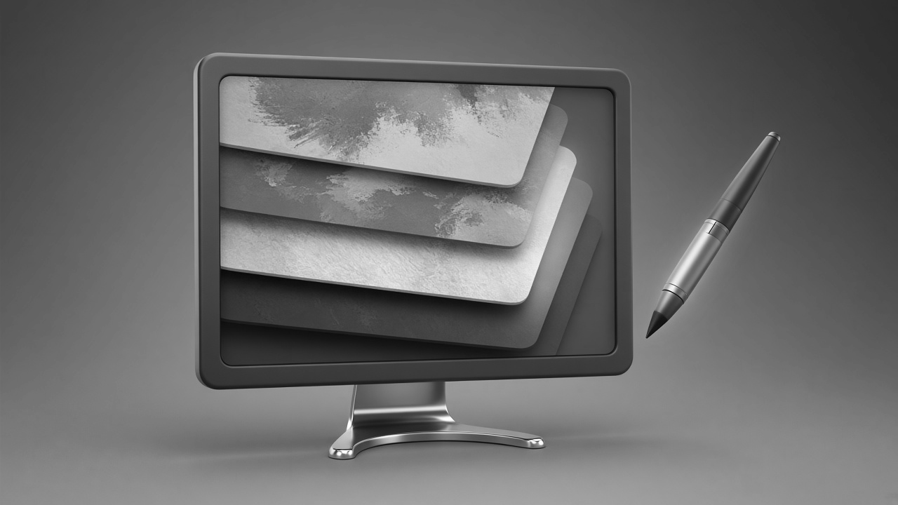 3D: монитор с кистью и слоями, Photoshop и нейросеть, светлый фон