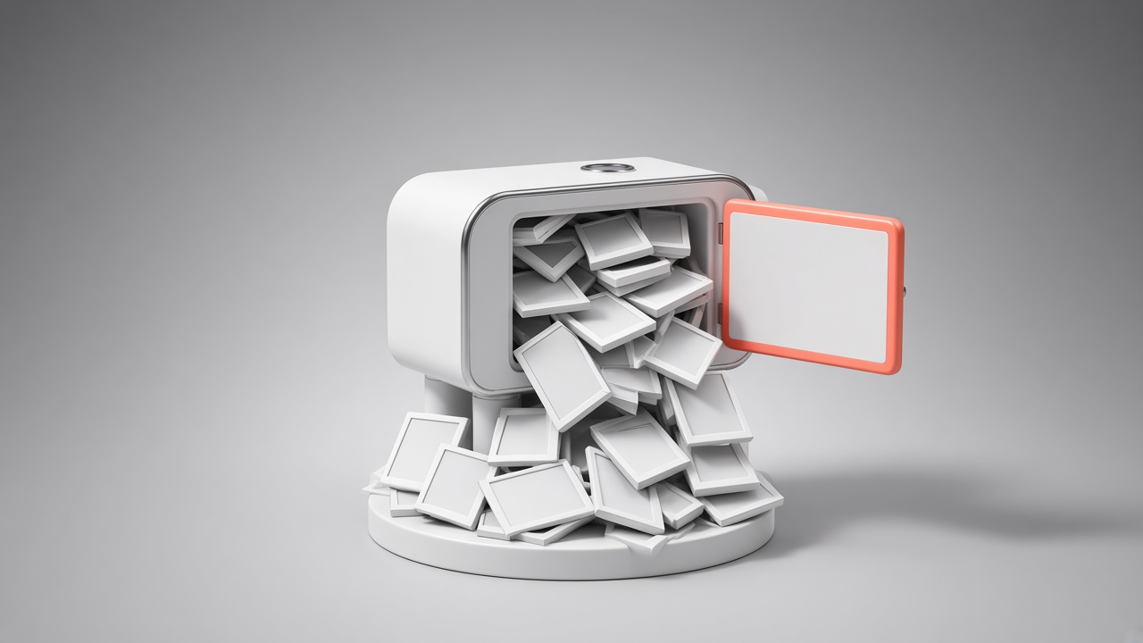 3D стопка кадров растёт за край белой коробки на серой подставке, scope creep