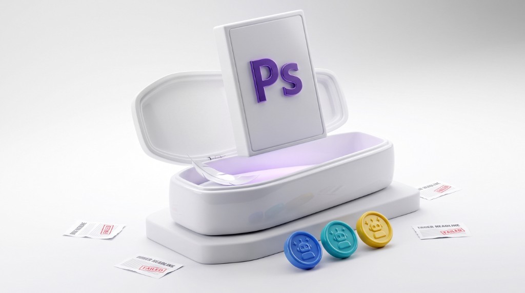 3D-сцена: гроб с логотипом Photoshop, монеты с AI и газетные вырезки FAILED — миф «убийцы фотошопа»